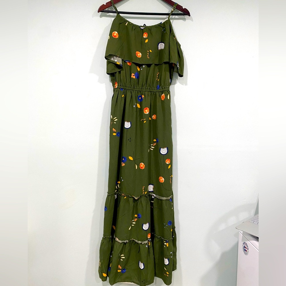 a.n.a. Hanna Floral Cold Shoulder Dress Green Women's Size Small